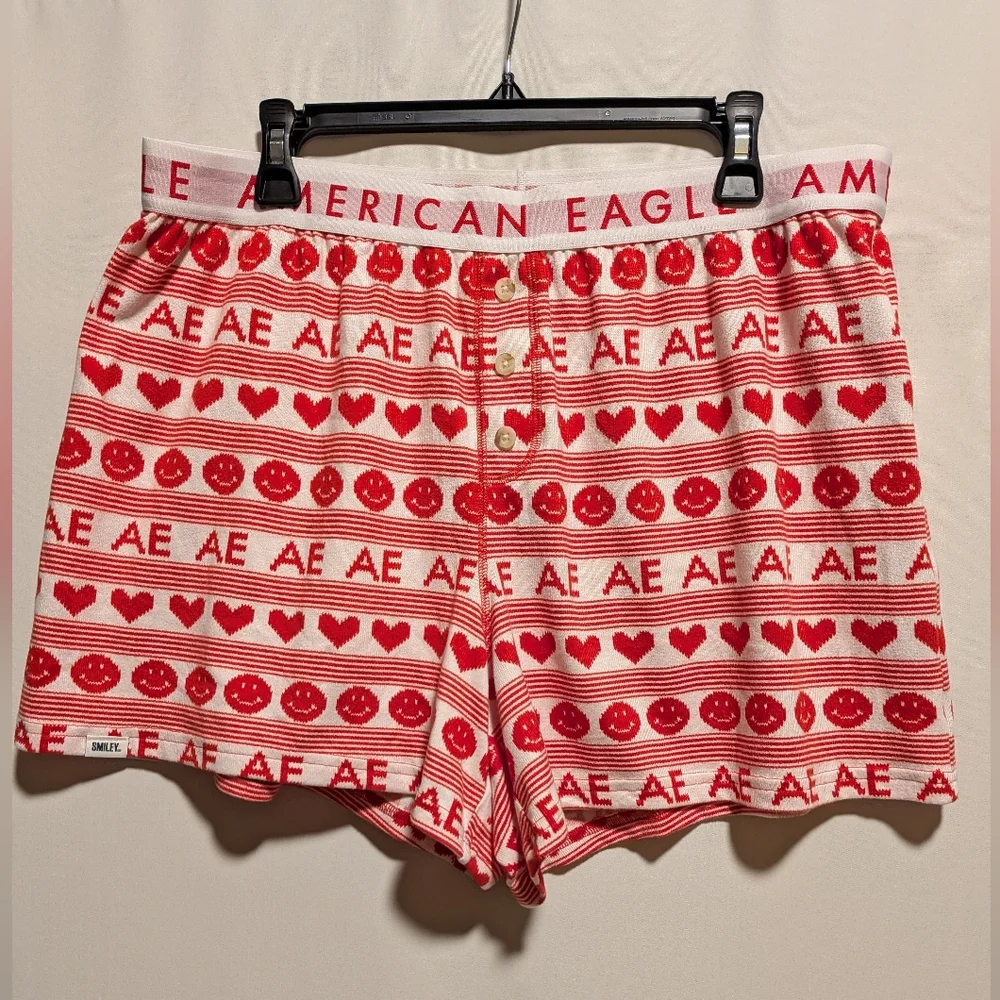 NEW American Eagle Heart Smiley Long Sleeve & Shorts Lounge Pajama Set Size XL
